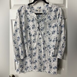 Talbots Women’s Lg Anchor Tunic Top Lace-Up Neckline Cotton Popover Boho Beach